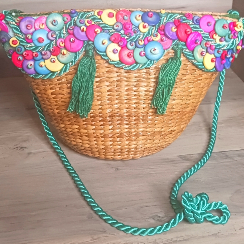 Embroidered straw basket bag